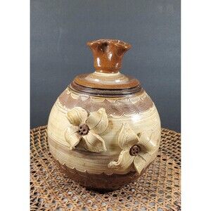 Signed Studio Pottery Vase Stunning Earth Tones with Handcrafted Floral Design